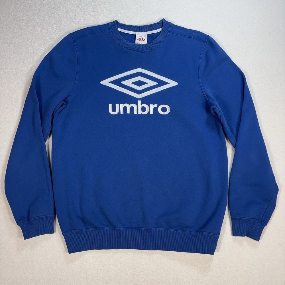 Umbro Sweatshirt Men's M Blue Fleece Stretch Embroidered Spellout Logo Pullover